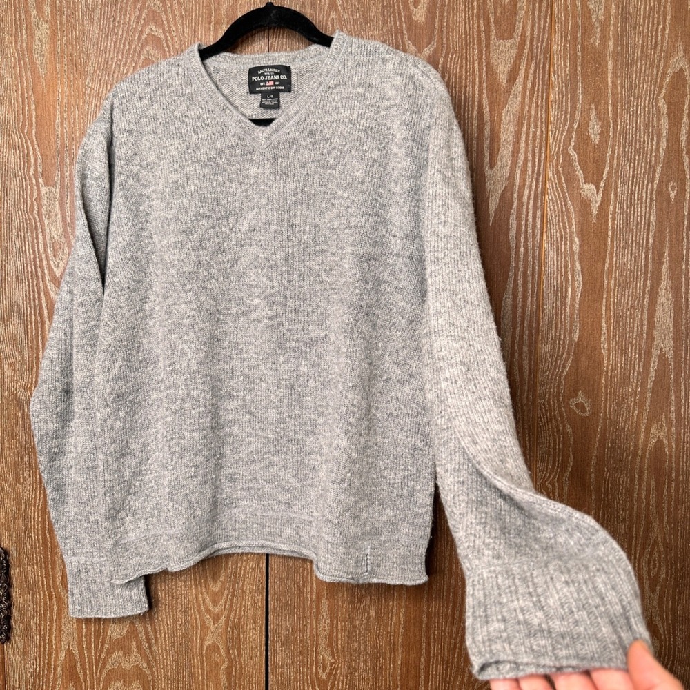 Ralph Lauren Polo Jeans Co Grey 100% Wool V-Neck Sweater Mens Large Japan Made - Picture 5 of 9